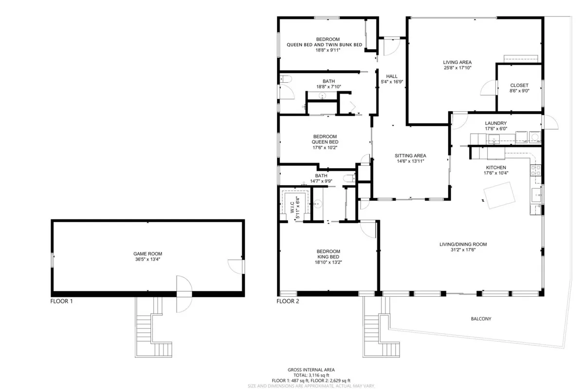 An open-plan interior highlighting the kitchen, living room, game room, and balcony. The layout is spacious and bright, with spaces for cooking, relaxing, entertaining, and accessing the outdoors.